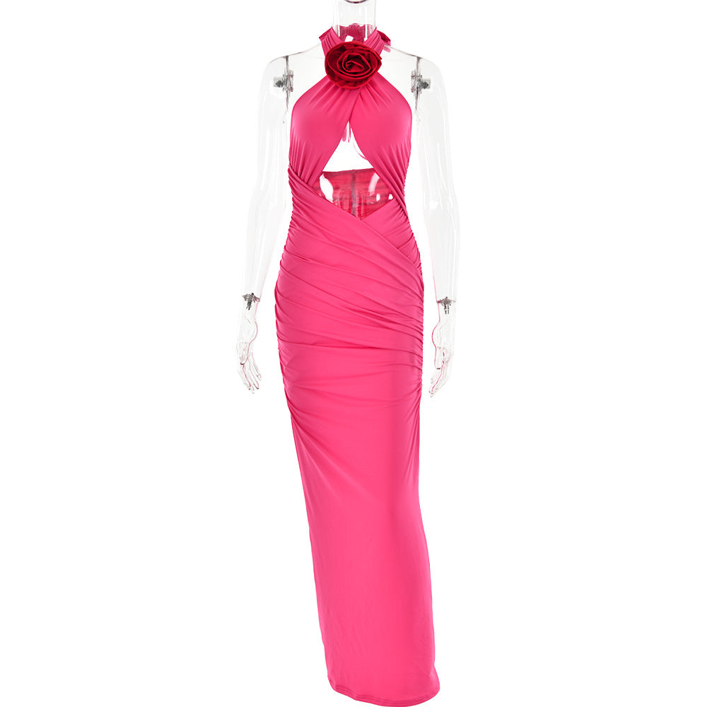 Vestido sexy con estampado floral, espalda descubierta, tirantes finos y escote halter.