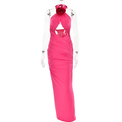 Vestido sexy con estampado floral, espalda descubierta, tirantes finos y escote halter.