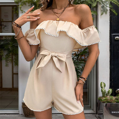 Mono de verano para mujer con hombros descubiertos y volantes de color liso