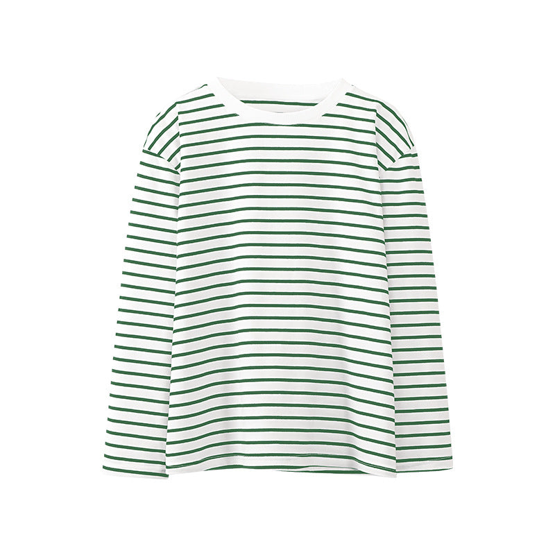 Camiseta de rayas de manga larga, de primavera, moderna, informal, salvaje, con cuello redondo, de algodón a rayas.