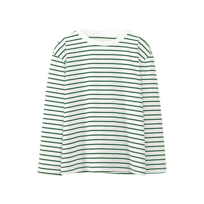 Camiseta de rayas de manga larga, de primavera, moderna, informal, salvaje, con cuello redondo, de algodón a rayas.
