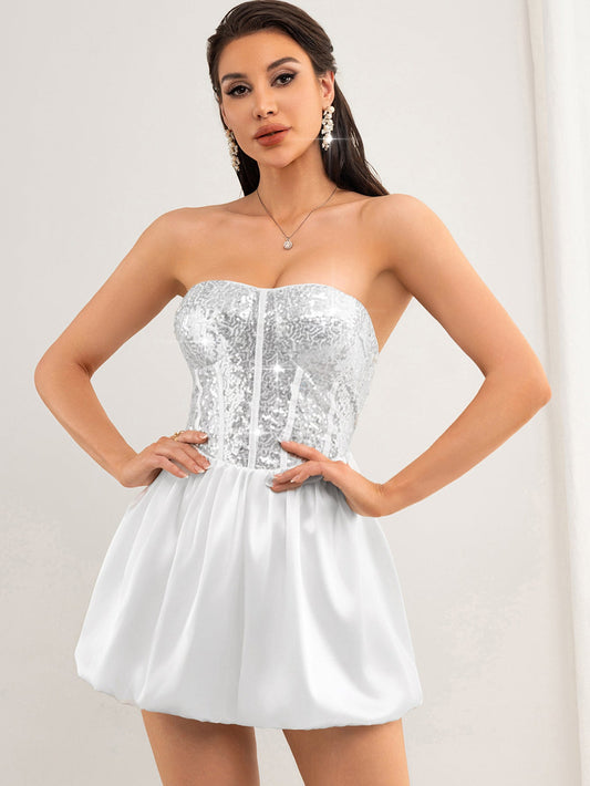 Women Clothing Sexy Backless Sequined White Dress Short Dress Summer