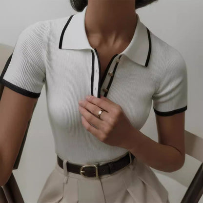Top de cuello polo de manga corta y corte entallado de verano con hilo ajustado, color contrastante, elegante prenda de punto