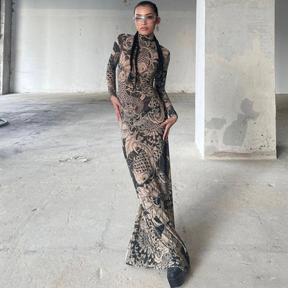 Vestido ajustado de cuello alto transparente con estampado de malla de otoño para mujer