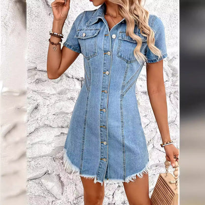 Vestido vaquero retro ajustado de manga corta sin elástico para mujer