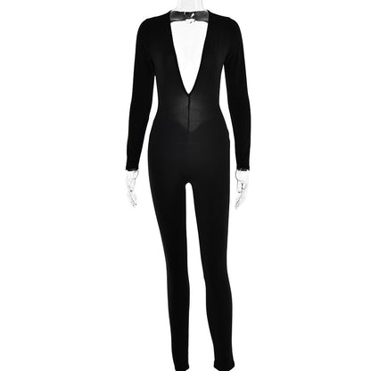 Leggings de manga larga con escote en V profundo de otoño para mujer, mono ajustado sexy sin espalda