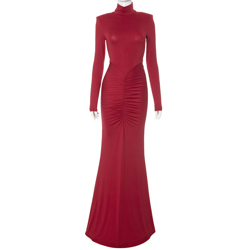 Vestido de mujer con cuello alto, manga larga, hombros acolchados, plisado, cola de pez y fregona