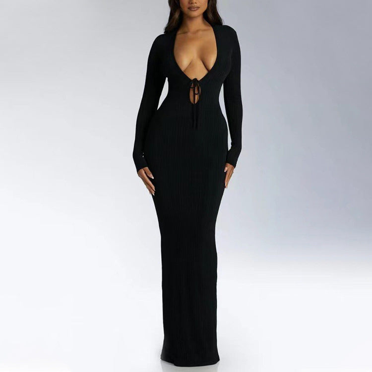 Vestido sexy de un solo paso con escote en V profundo, color liso, ajustado, largo y sexy para mujer