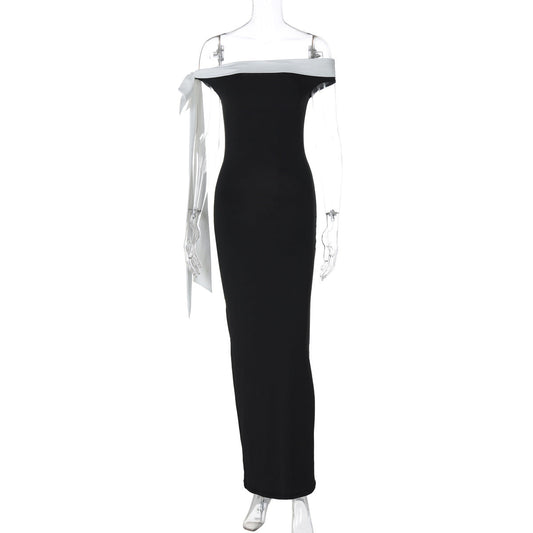 Women Clothing Autumn Winter Fashionable off Shoulder Ribbon Slim Solid Color Dress