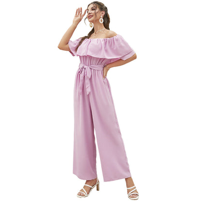 Pantalones anchos de pierna con cordones y mangas con volantes y hombros descubiertos para mujer