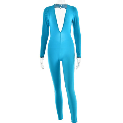 Leggings de manga larga con escote en V profundo de otoño para mujer, mono ajustado sexy sin espalda