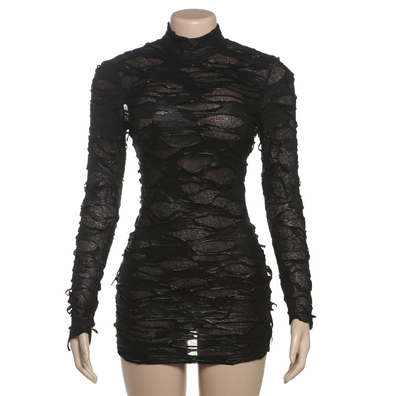 Vestido de invierno para mujer, sexy, con cuello medio alto, mangas largas, aberturas, semitransparente, con diseño a la cadera.