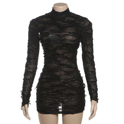 Vestido de invierno para mujer, sexy, con cuello medio alto, mangas largas, aberturas, semitransparente, con diseño a la cadera.