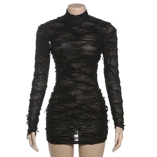 Winter Women Clothing Sexy Sexy Half High Collar Long Sleeves Hollow Out Cutout-out Semi Transparent Design Hip Dress