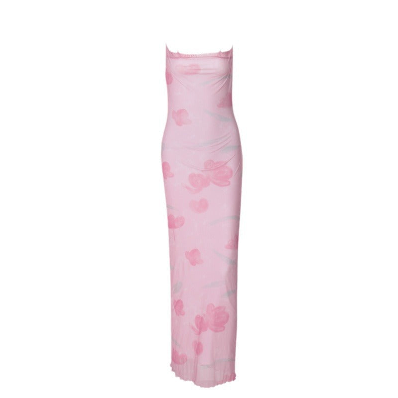 Vestido largo de verano con estampado floral, de malla, sexy, dulce y picante, con escote pronunciado