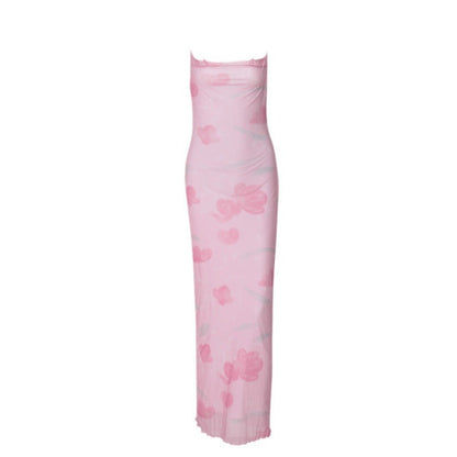 Vestido largo de verano con estampado floral, de malla, sexy, dulce y picante, con escote pronunciado