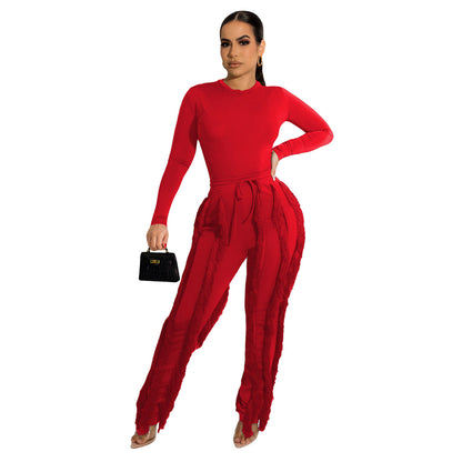 Conjunto de dos piezas formado por mono y pantalón de encaje con borlas para mujer, color liso, deportivo, para otoño e invierno