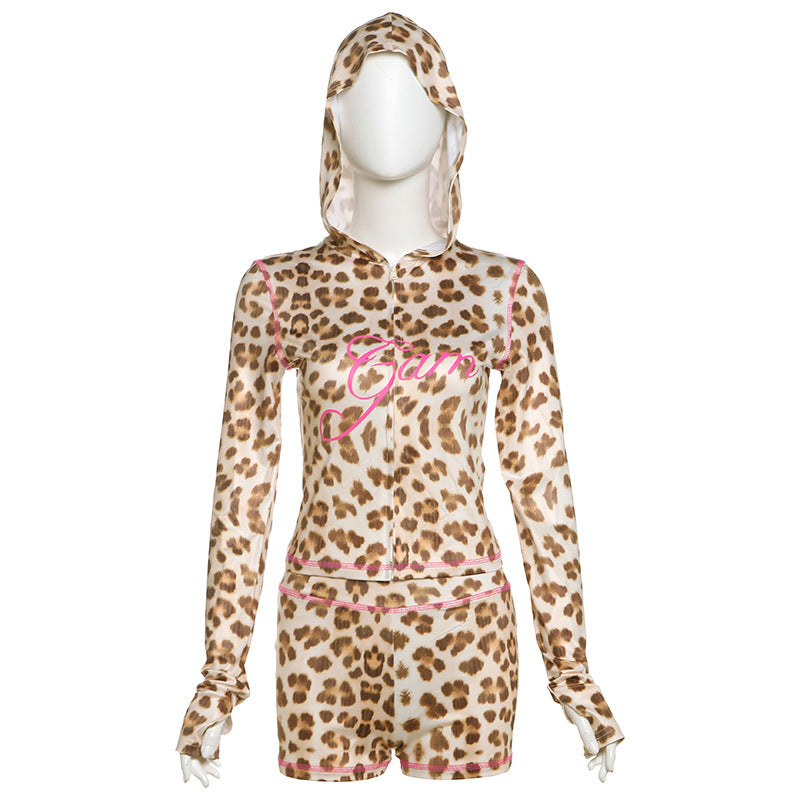 Conjunto de pantalones cortos de cintura alta con capucha y cremallera de corte ajustado con estampado de leopardo informal de primavera para mujer