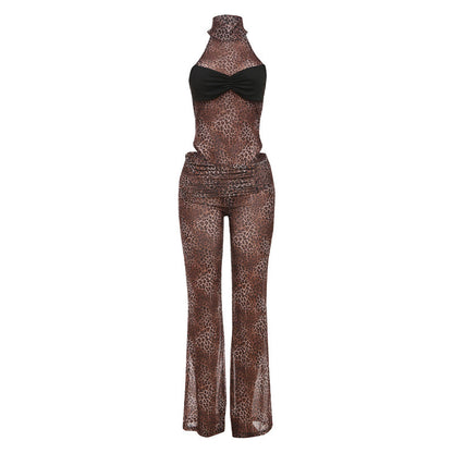 Conjunto de dos piezas de malla de primavera con cintura alta y estampado de leopardo, sin mangas, con contraste de colores y realce de cintura sexy