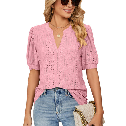 Camiseta holgada informal de verano con escote en V y mangas abullonadas con recortes de color liso para mujer
