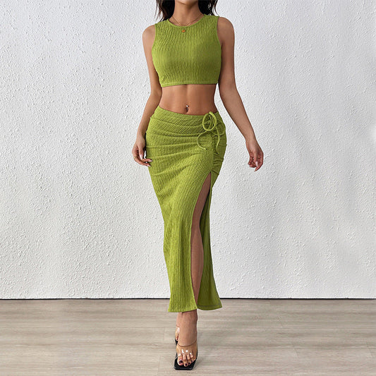 Conjunto de dos piezas de chaleco sin mangas de verano con textura plisada para mujer