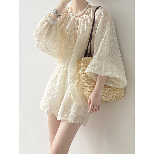 Conjunto de dos piezas de manga larga con bordado de Tencel para mujer, elegante top y pantalones cortos bordados de verano