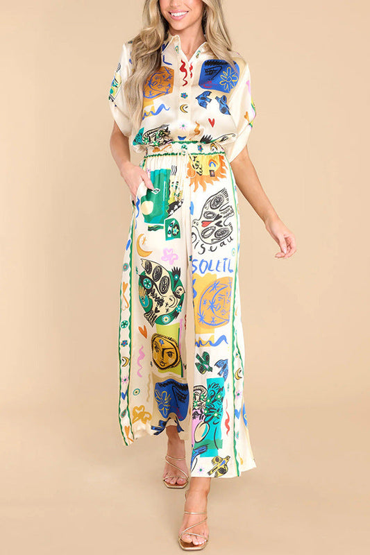 Camisa de satén de manga corta con cuello y pantalones con estampado de grafiti de verano, traje informal de dos piezas, artesanía amplificada