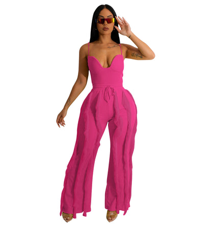 Conjunto de dos piezas de mono con borlas y encaje para mujer, pantalones de pierna recta, verano