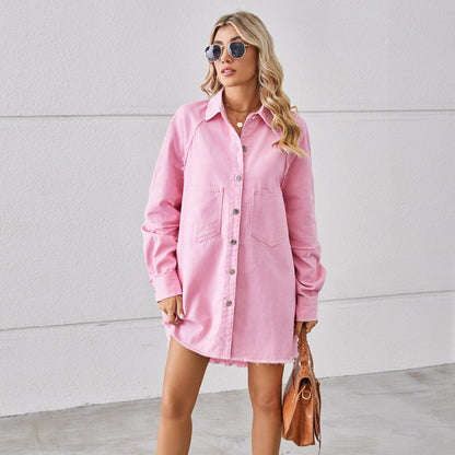 Vestido vaquero con borde sin rematar y costuras de manga larga para mujer