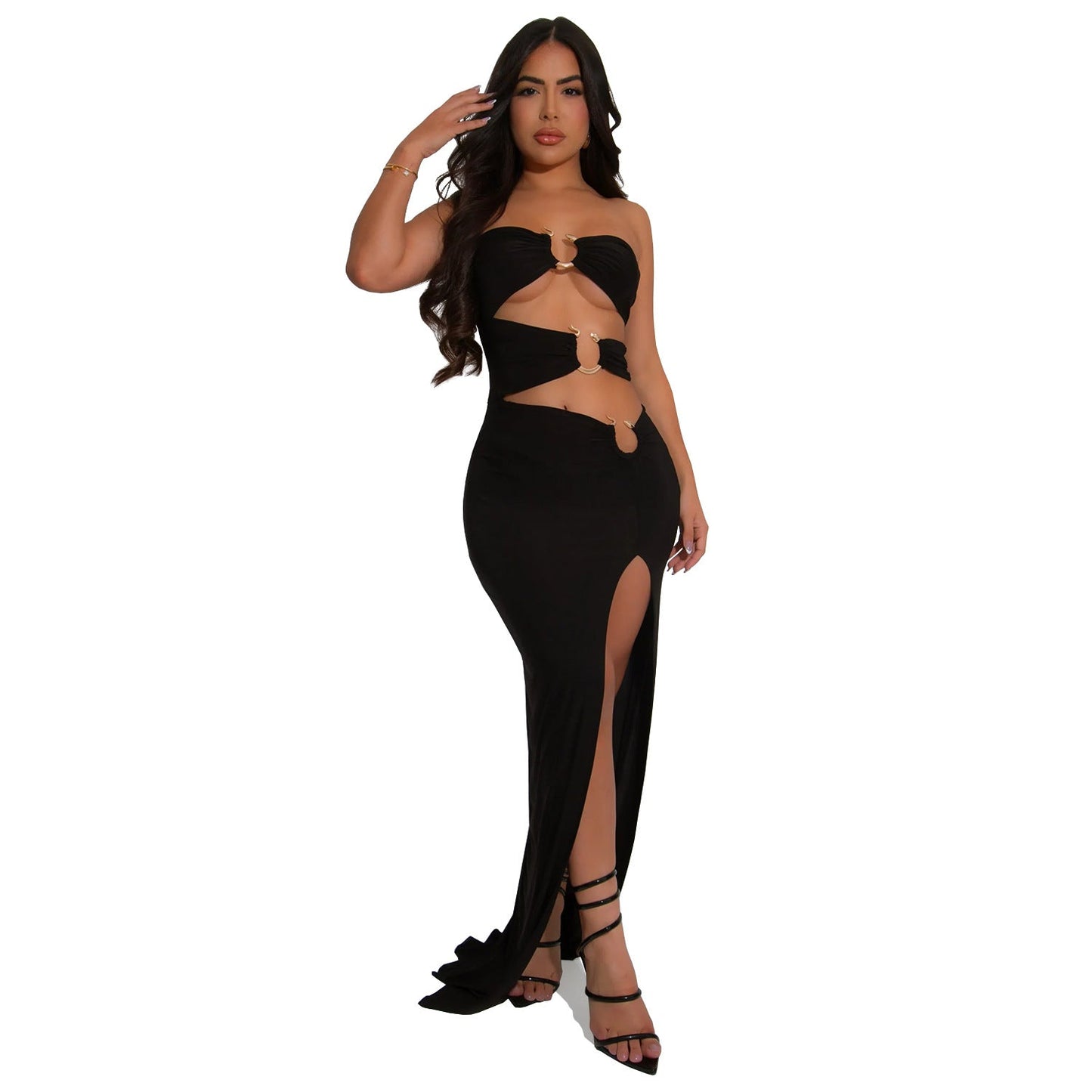 Vestido largo ajustado con abertura sexy de color sólido para mujer