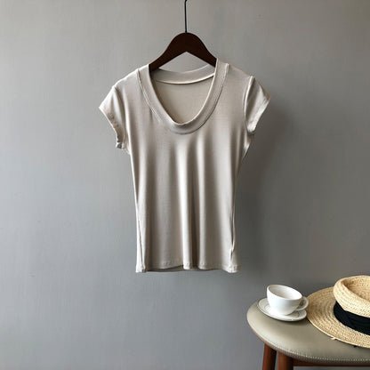Camiseta de color liso para mujer, camiseta de verano sencilla con cuello en U, camiseta elástica adelgazante para mujer
