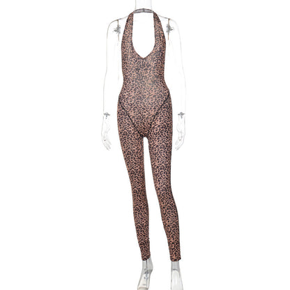 Mono de verano con estampado de leopardo, sexy, escote en V, espalda descubierta, ajustado, estilo halter