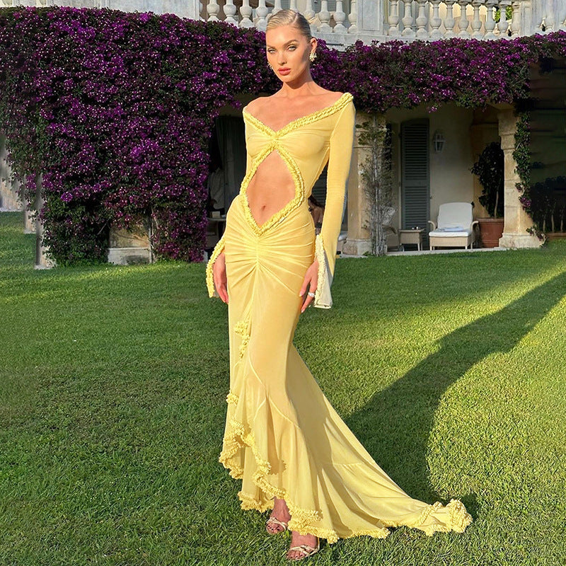 Vestido sexy de corte bajo transparente de manga larga de color liso para mujer