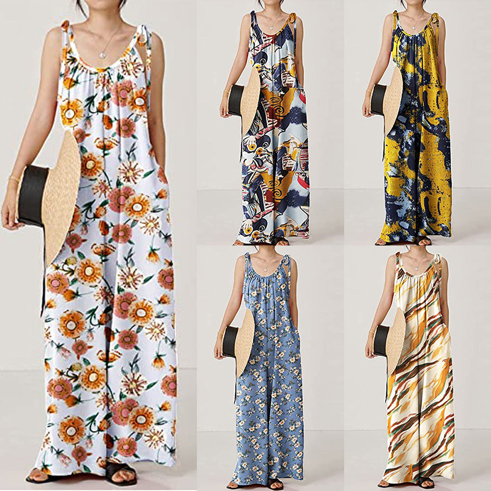 Mono informal holgado con tirantes y estampado de verano para mujer