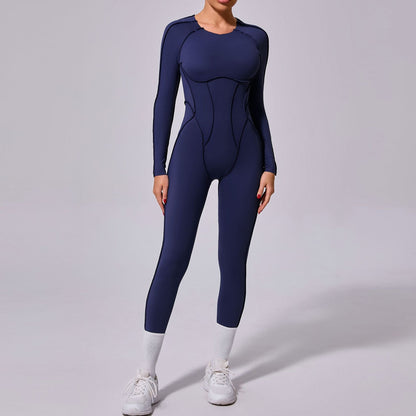 Mono deportivo de yoga de una pieza de otoño e invierno con espalda descubierta y pantalones ajustados de manga larga.