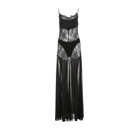 Conjunto de dos piezas formado por vestido y tirantes finos, cintura alta, sexy, transparente, para mujer, primavera y verano