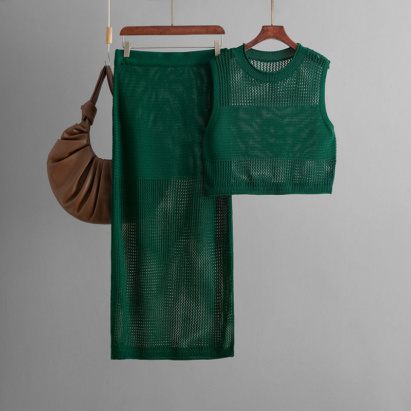 Conjunto de dos piezas de falda de punto con abertura y escote en V de verano sin mangas y ajustado