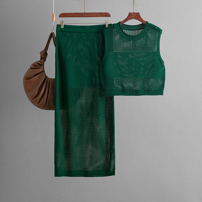 Conjunto de dos piezas de falda de punto con abertura y escote en V de verano sin mangas y ajustado