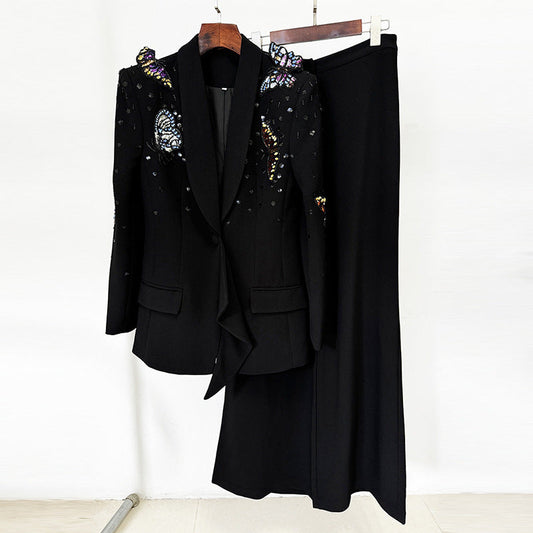 Conjunto de dos piezas de pantalón de trabajo con diseño de estrella, mariposa tridimensional, cuentas y diamantes de imitación, para otoño e invierno.