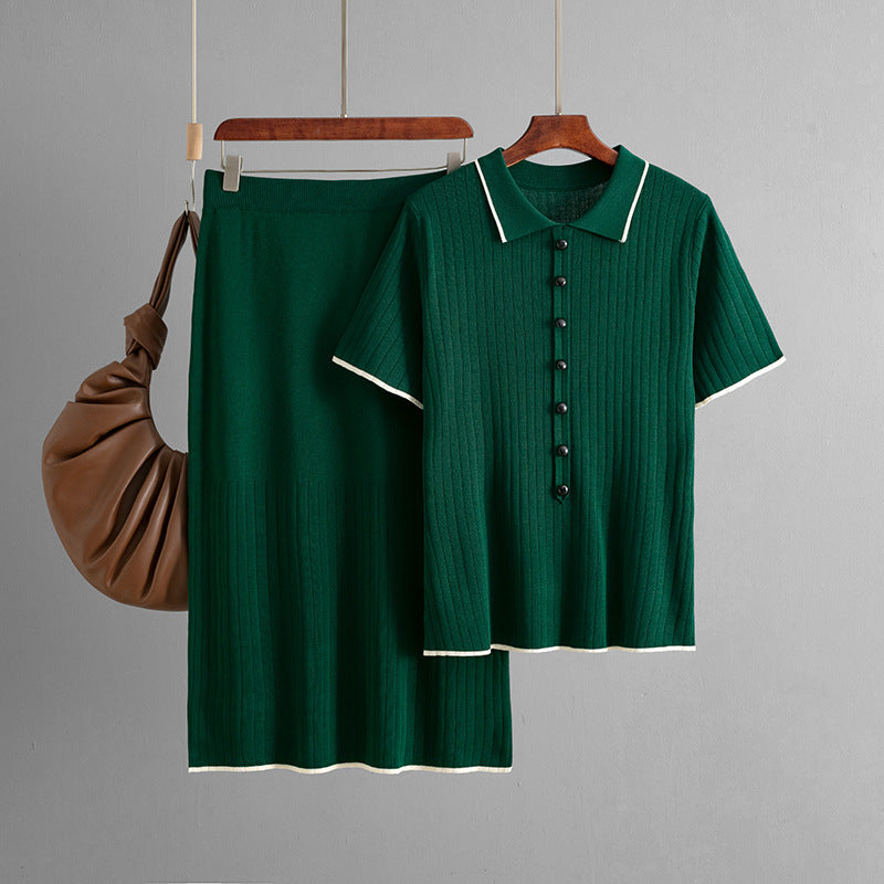 Conjunto elegante de falda de punto para mujer, primavera y verano, cuello polo, dos piezas