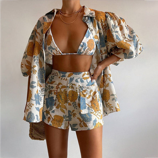 Conjunto de tres piezas de camiseta y pantalones cortos con estampado holgado de primavera para mujer