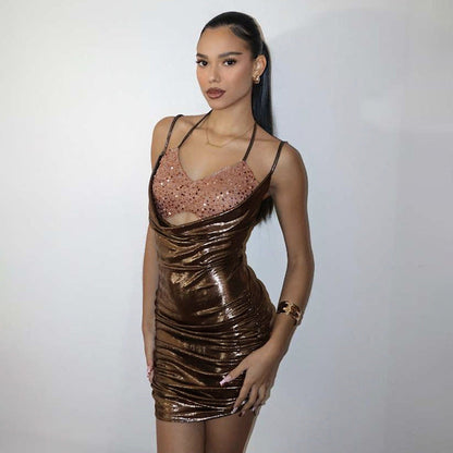 Vestido de dos piezas con cuello halter y cordones, estilo sexy, con costuras falsas, para otoño e invierno, para mujer