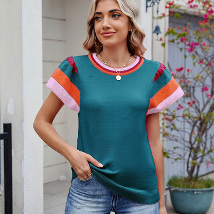 Suéter de punto con cuello redondo y mangas cortas para mujer
