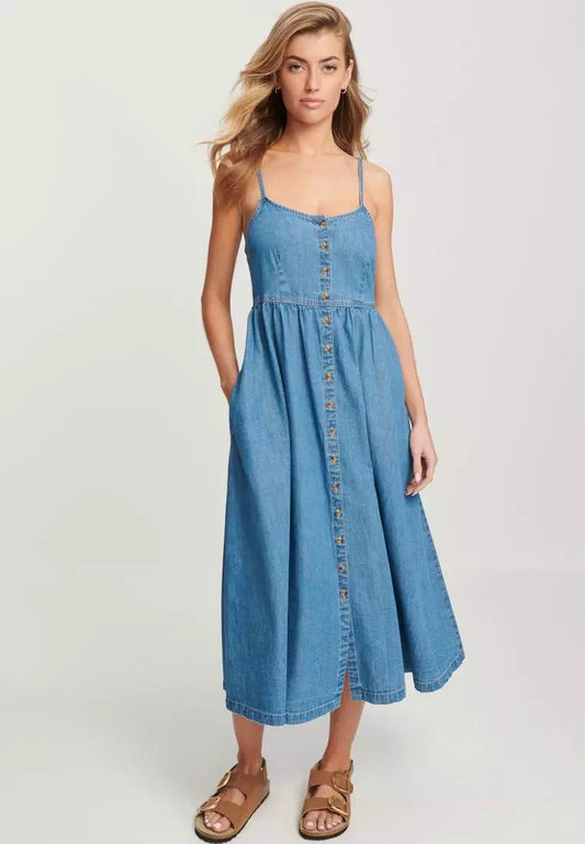 Vestido de mezclilla con tirantes para oficina de primavera y verano para mujer