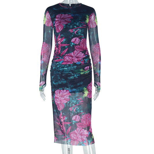 Personality Women Wear Elegant Printed Office Lady Sheath Dress round Neck Long Sleeve Slim Length Dress