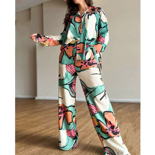 Conjunto elegante de camisa de oficina estampada para mujer, pantalones de pierna ancha y cintura alta