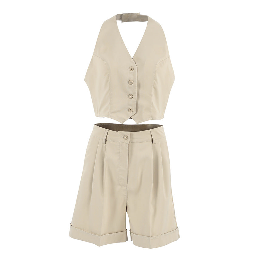 Conjunto de dos piezas de pantalón halter con cuello en V sin mangas para oficina de primavera y verano