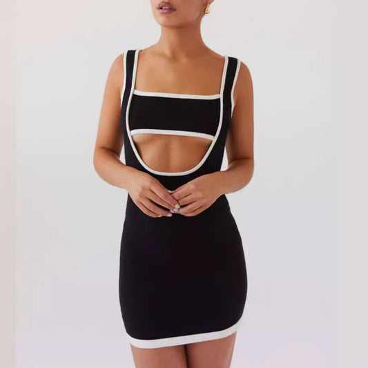 Vestido de lana con cuello cuadrado, aberturas y cortes, sin espalda, sexy, a la cadera