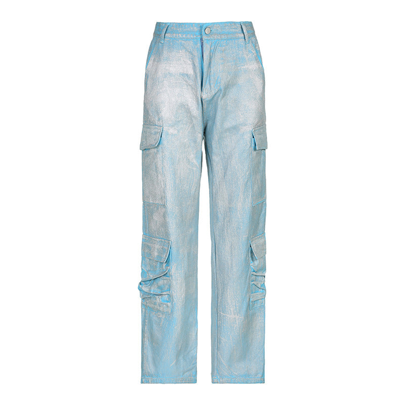 Ropa de mujer, pantalones vaqueros plateados brillantes con tejido recubierto metalizado, ropa de trabajo con bolsillo, pantalones casuales, pantalones de pierna recta, conjuntos