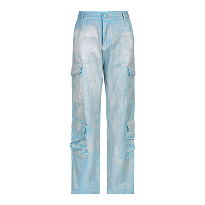 Ropa de mujer, pantalones vaqueros plateados brillantes con tejido recubierto metalizado, ropa de trabajo con bolsillo, pantalones casuales, pantalones de pierna recta, conjuntos